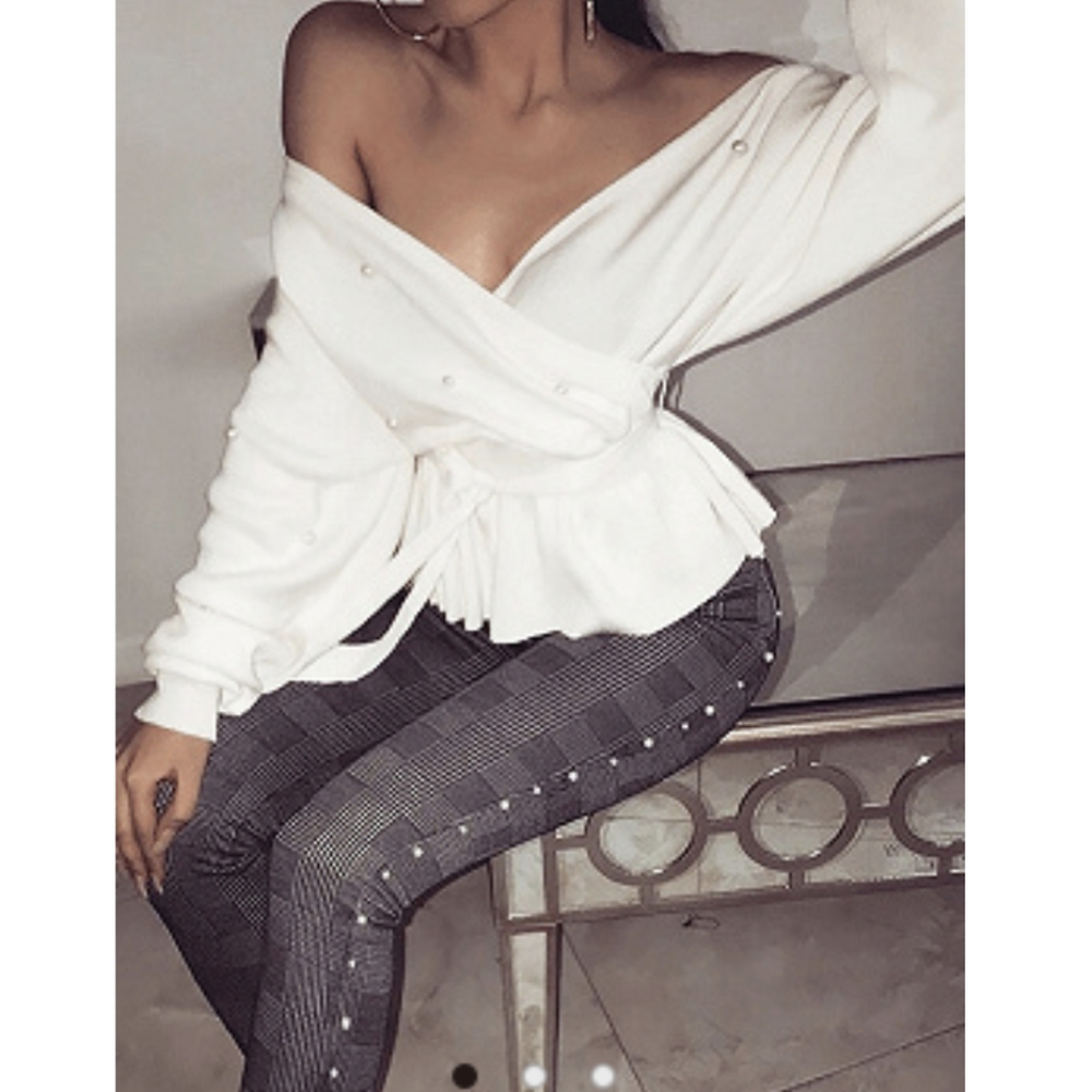 V-Neck Beaded Ruffle Hem Sweater
